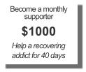 Become a monthly supporter $1000 Help a recovering addict for 40 days